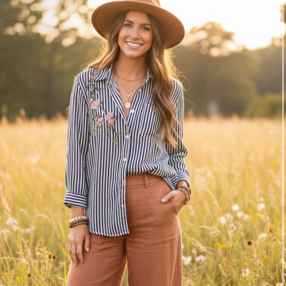 Velvet Heart Navy and White Striped Shirt embroidered/ boho / whimsical / preppy
